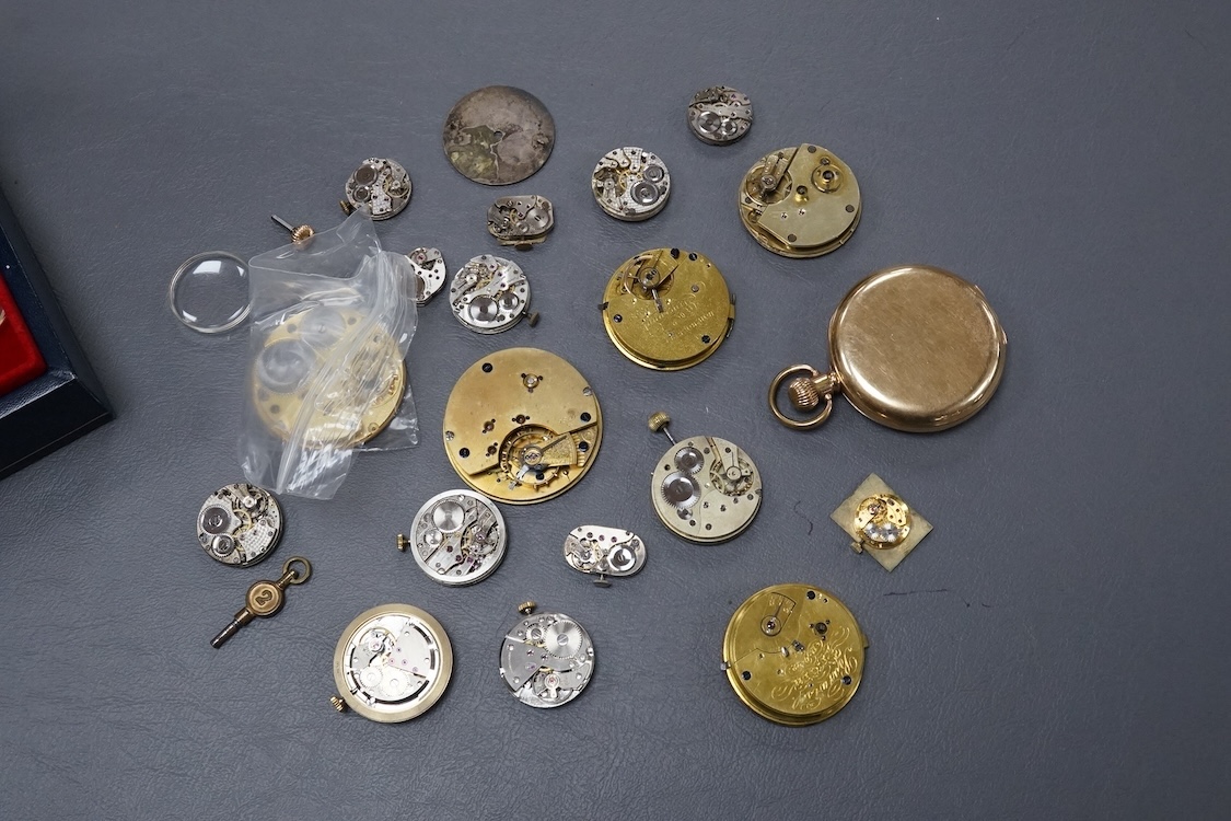 A gold plated Waltham hunter keyless pocket watch, with Roman dal and subsidiary seconds, case diameter 50mm, together with a group of wrist pocket and fob watch movements, etc.